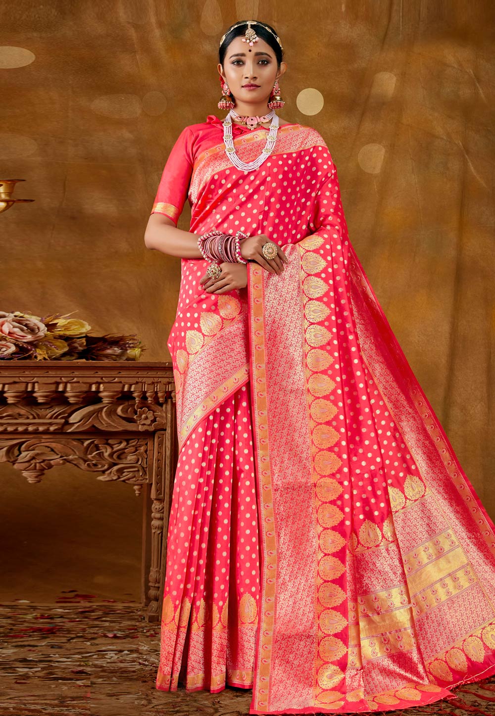 Pink Banarasi Silk Saree With Blouse 226206