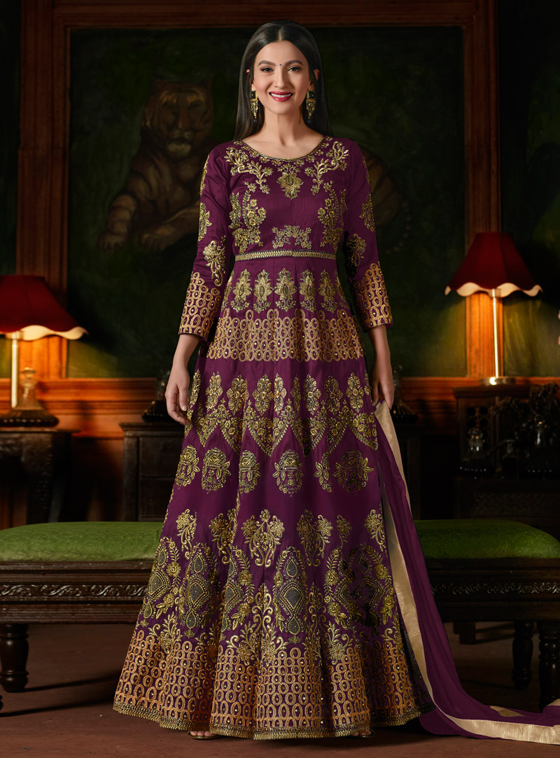 Gauhar Khan Purple Taffeta Silk Long Anarkali Suit 130478