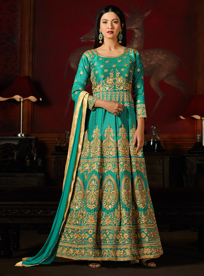 Gauhar Khan Sea Green Silk Ankle Length Anarkali Suit 136569