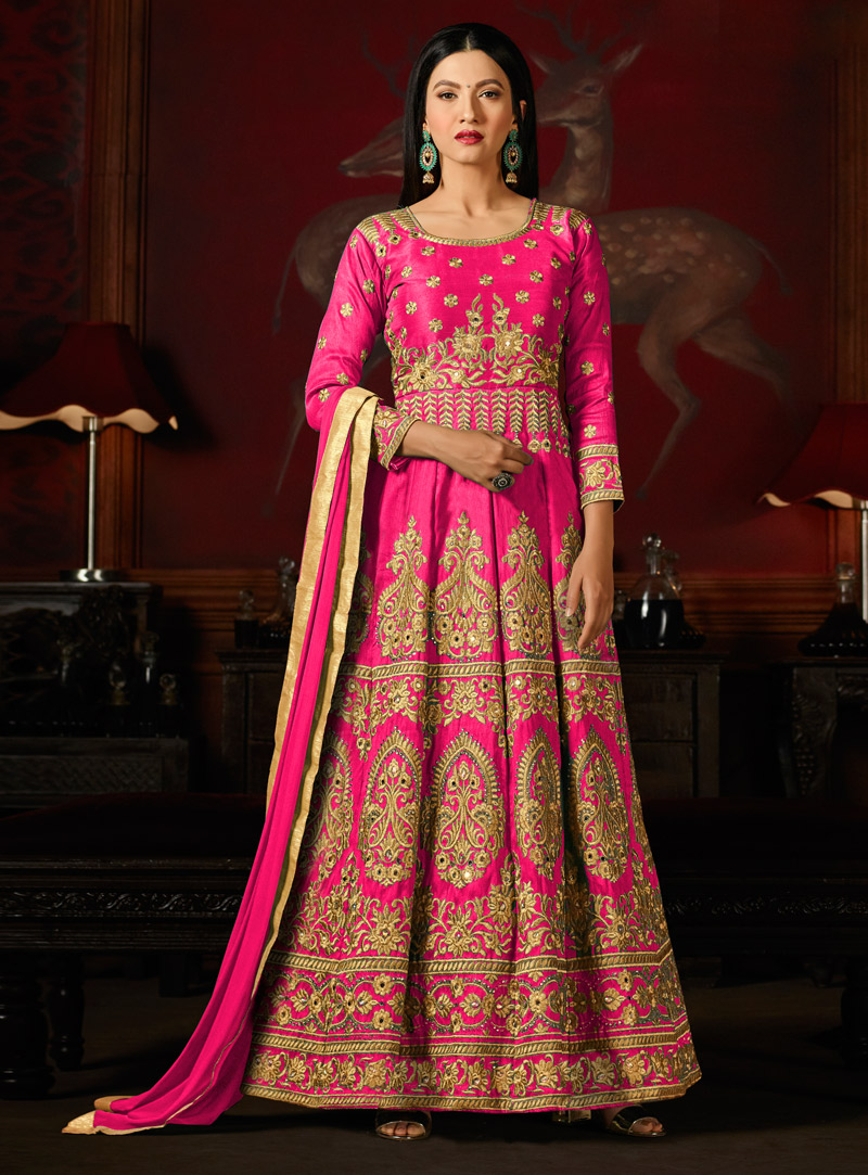 Gauhar Khan Magenta Silk Long Anarkali Suit 136570