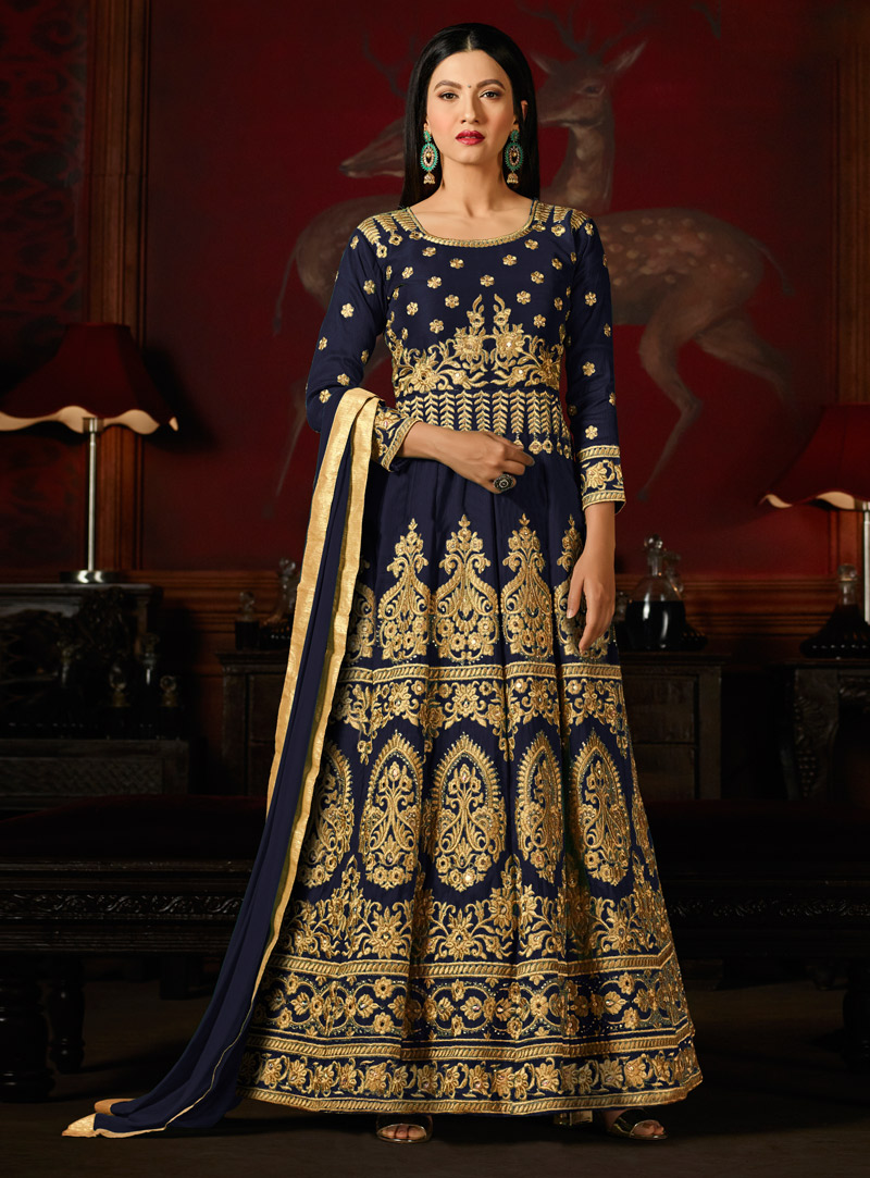 Gauhar Khan Navy Blue Silk Long Anarkali Suit 136572