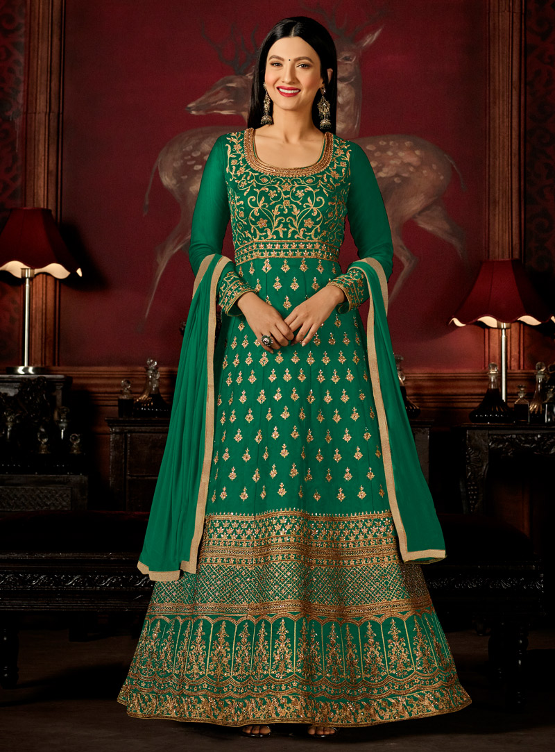 Gauhar Khan Green Silk Ankle Length Anarkali Suit 136573