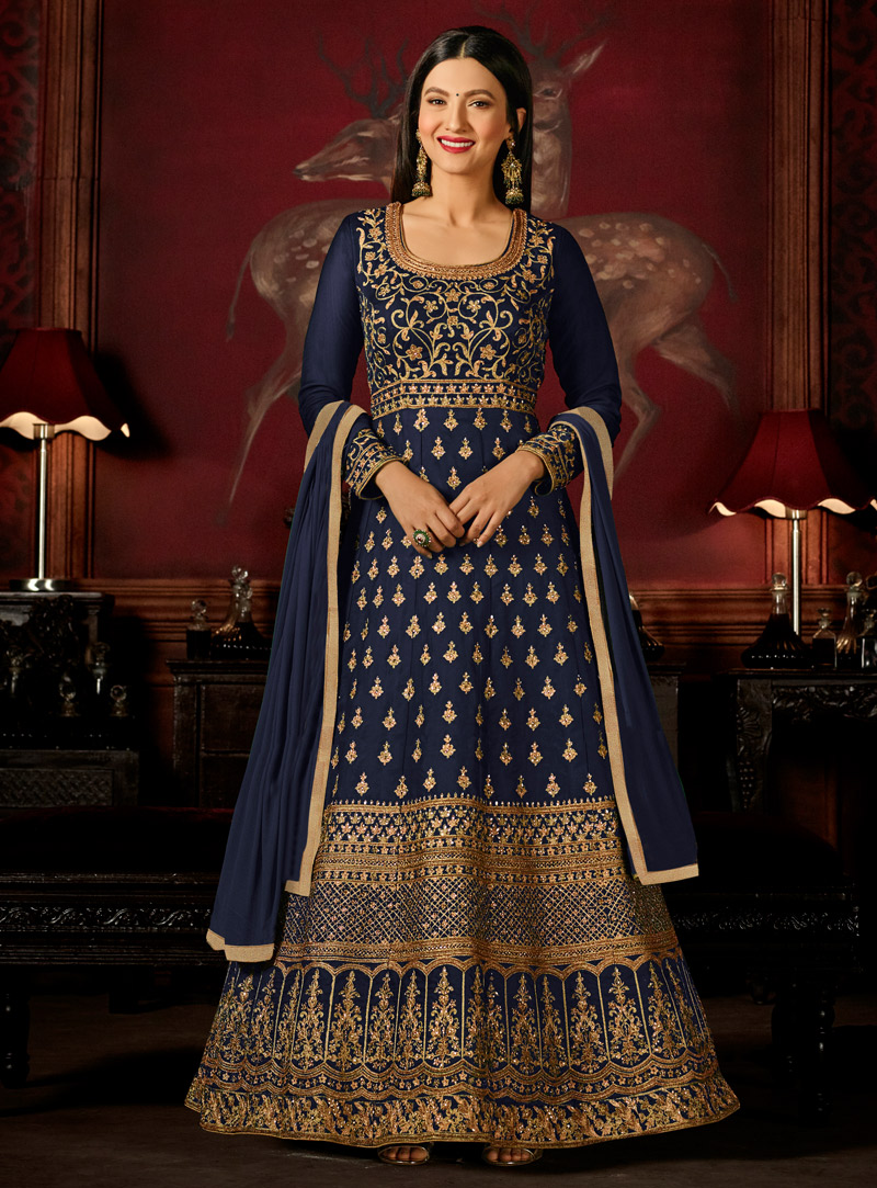 Gauhar Khan Navy Blue Silk Ankle Length Anarkali Suit 136575