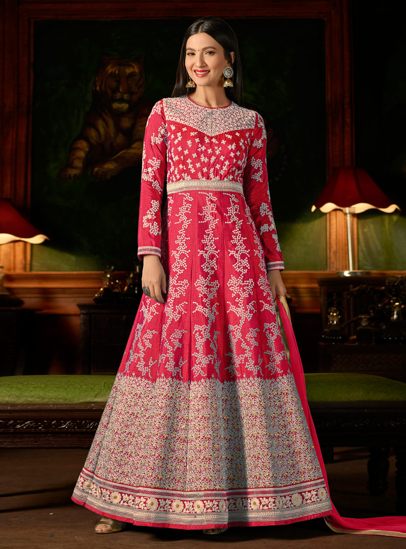 Gauhar Khan Pink Silk Anarkali Suit 143005