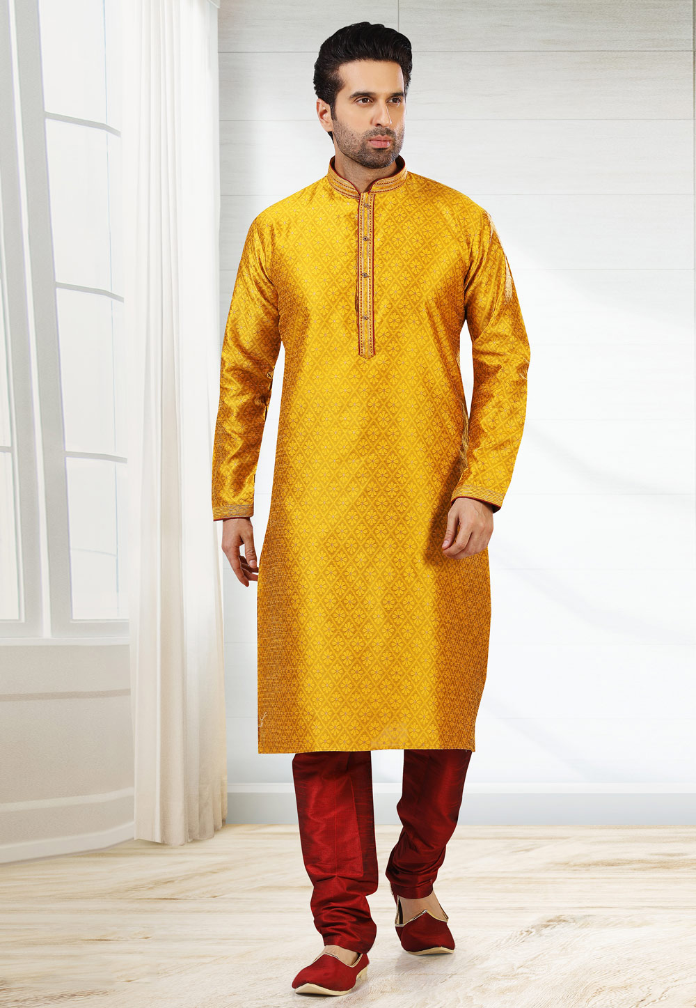Yellow Jacquard Silk Kurta Pajama 235500