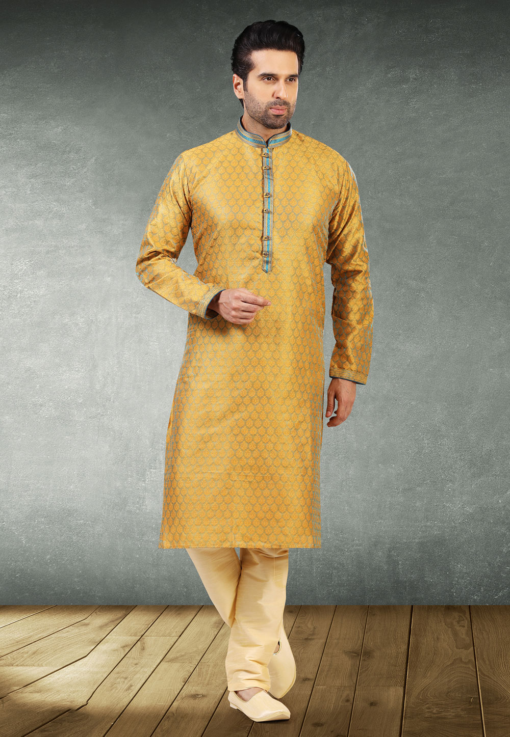 Yellow Jacquard Silk Kurta Pajama 235505