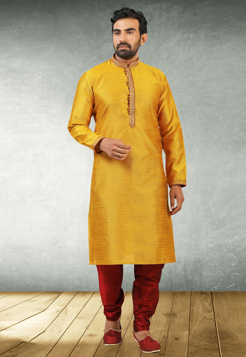 Yellow Jacquard Silk Kurta Pajama 235511