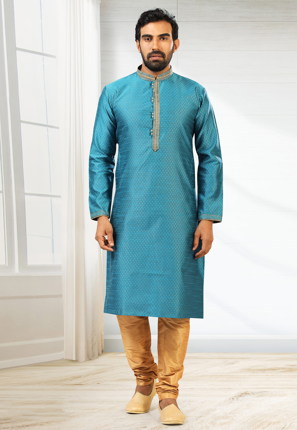 Turquoise Jacquard Silk Kurta Pajama 235512