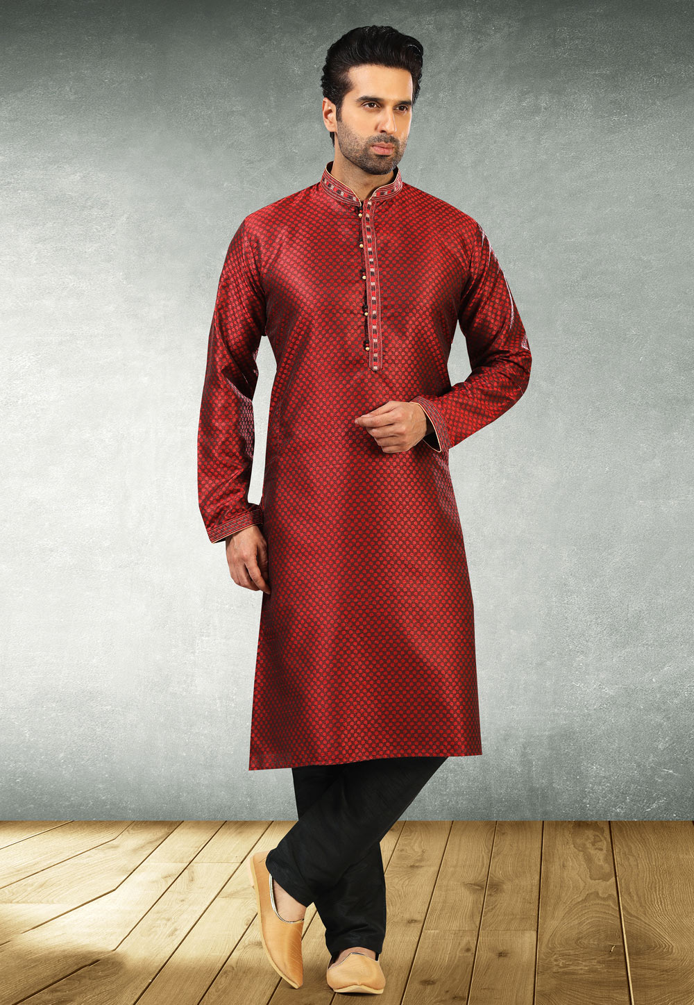 Red Jacquard Silk Kurta Pajama 235515