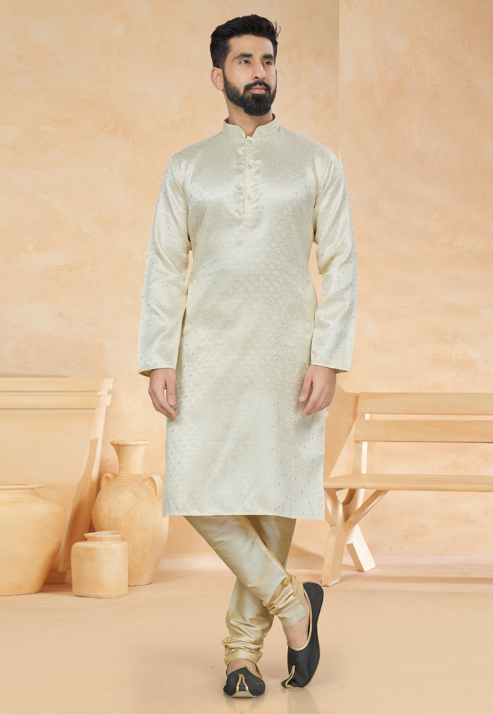 Off White Jacquard Kurta Pajama 268808