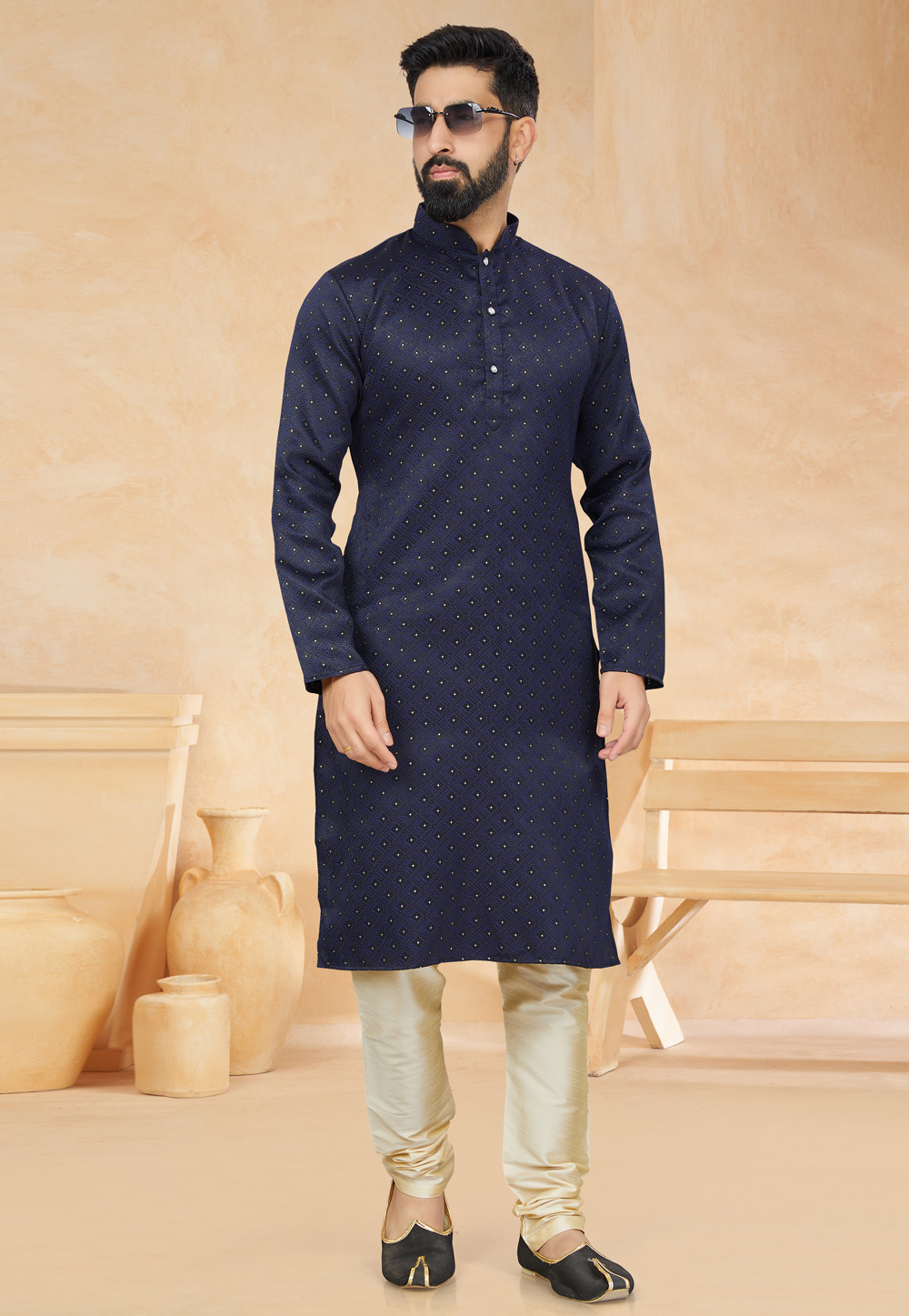 Navy Blue Jacquard Kurta Pajama 268809