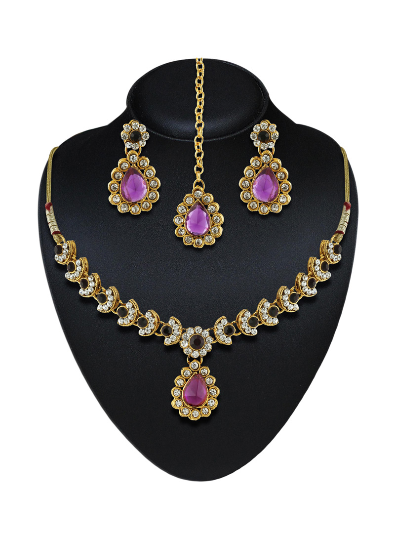 Purple Austrian Diamonds Necklace With Earrings and Maang Tikka 88257