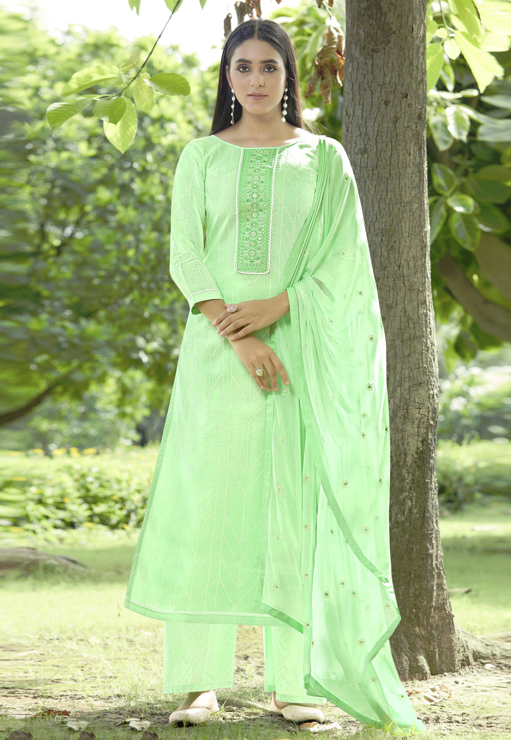 Light Green Cotton Kameez With Palazzo 227544