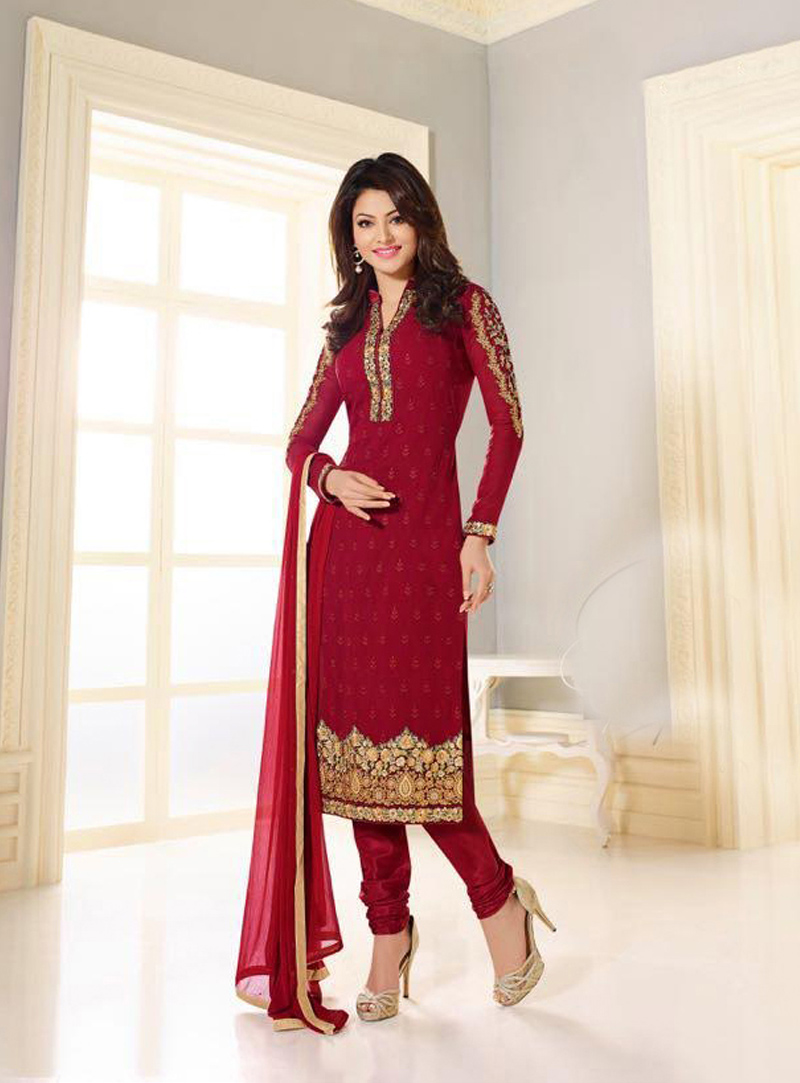 Urvashi Rautela Maroon Georgette Churidar Salwar Suit 89501