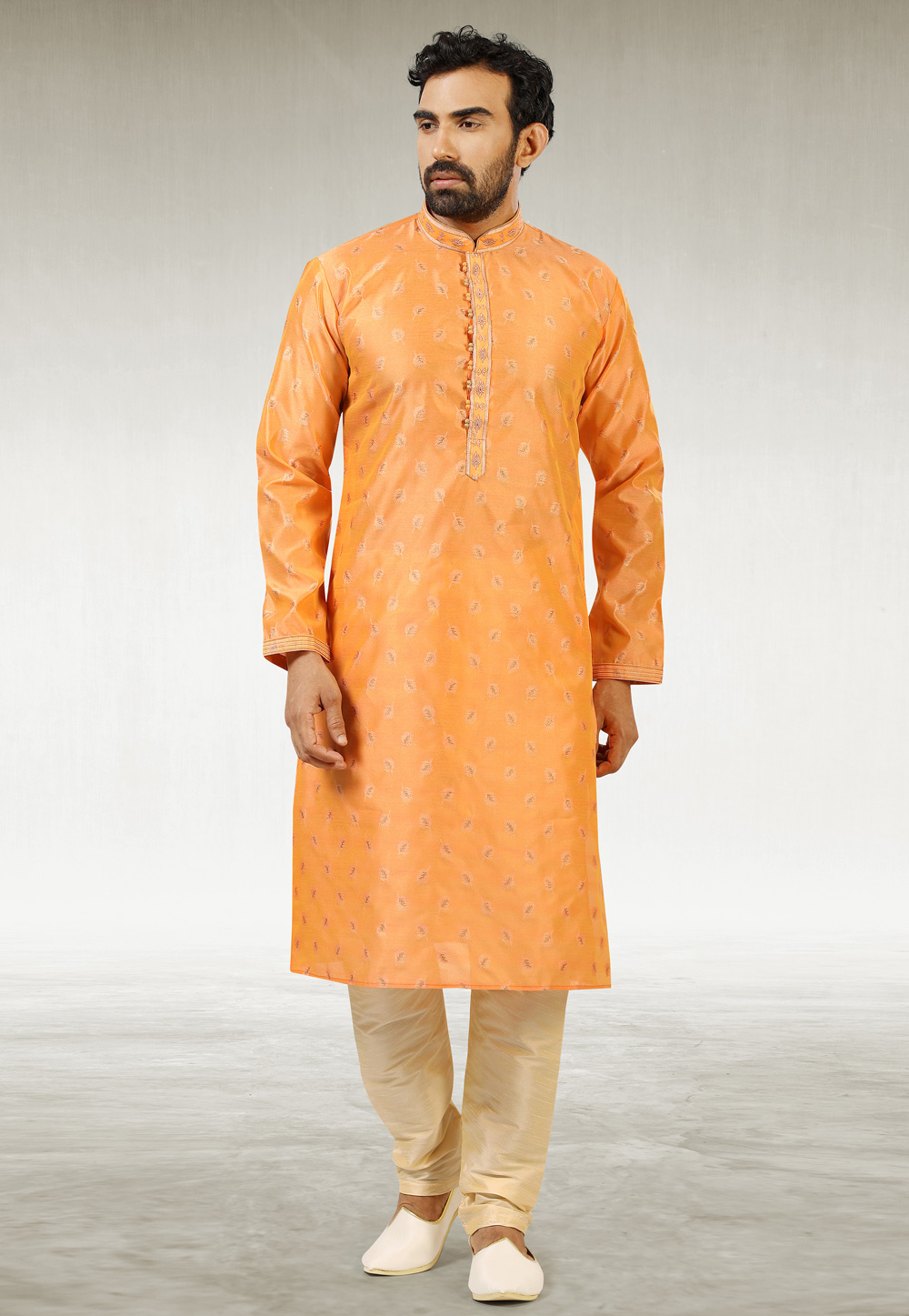 Orange Jacquard Silk Kurta Pajama 235676