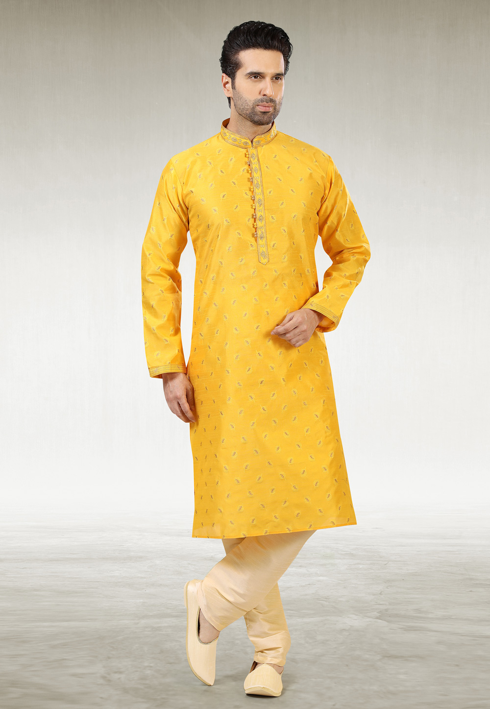 Yellow Jacquard Silk Kurta Pajama 235677
