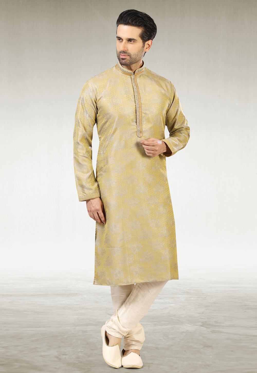 Golden Jacquard Silk Kurta Pajama 235678