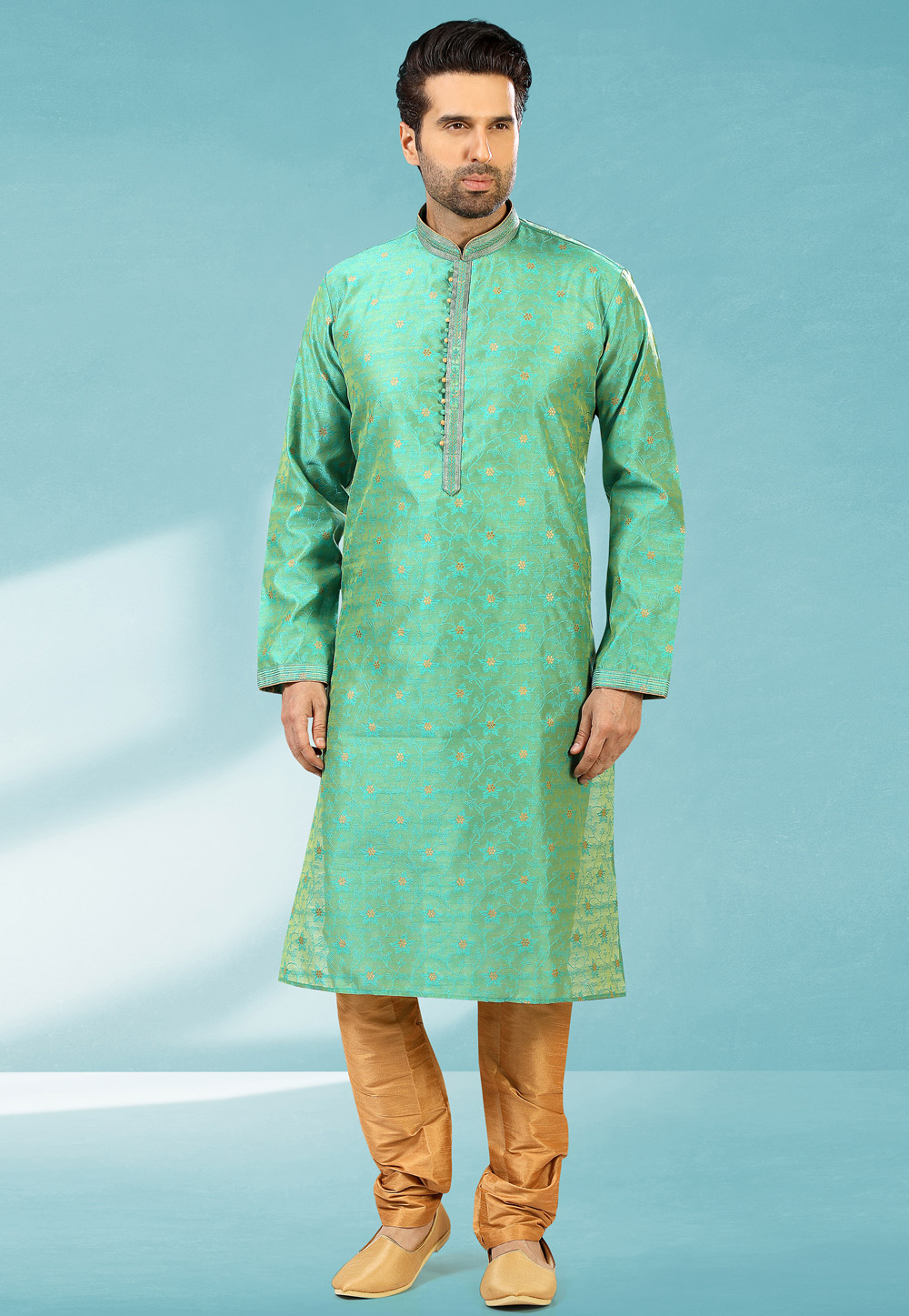 Green Jacquard Silk Kurta Pajama 235681