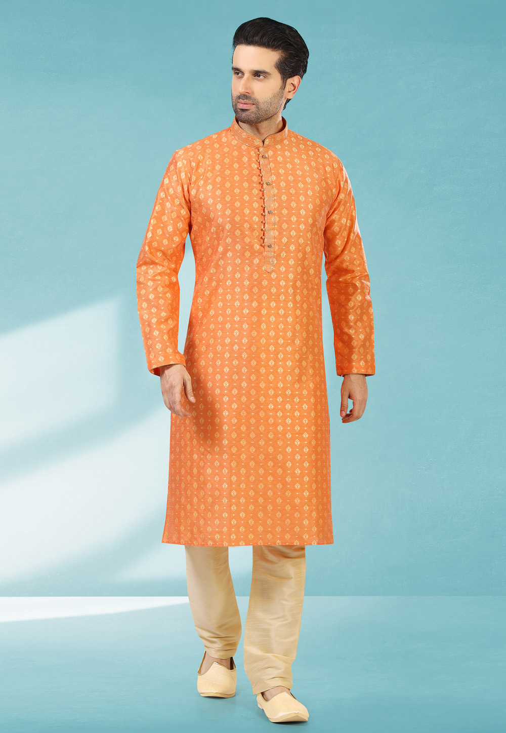 Orange Jacquard Silk Kurta Pajama 235687