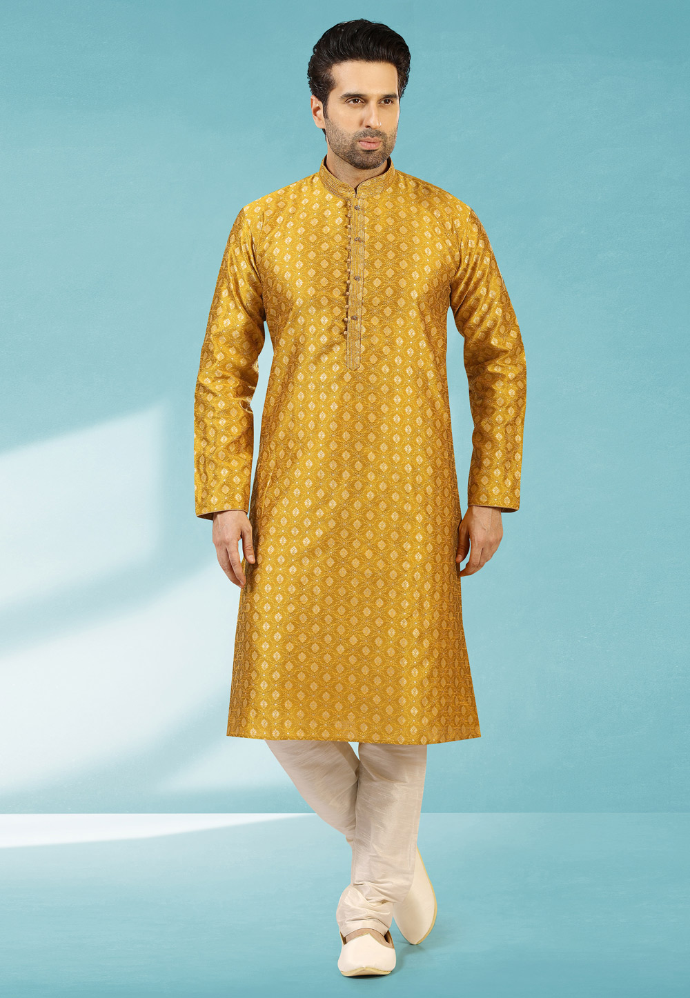 Yellow Jacquard Silk Kurta Pajama 235689