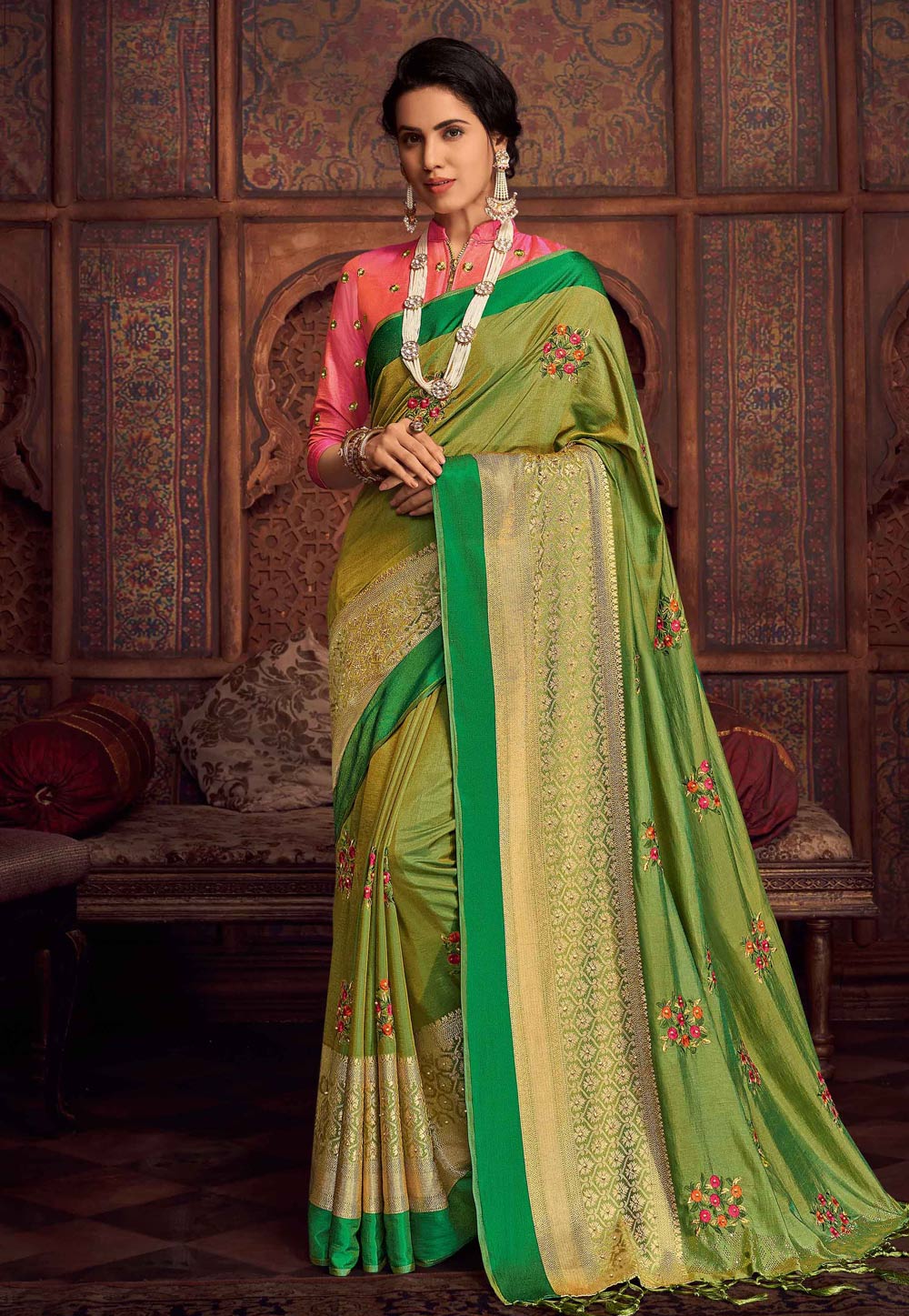 Green Raw Silk Saree With Blouse 227964