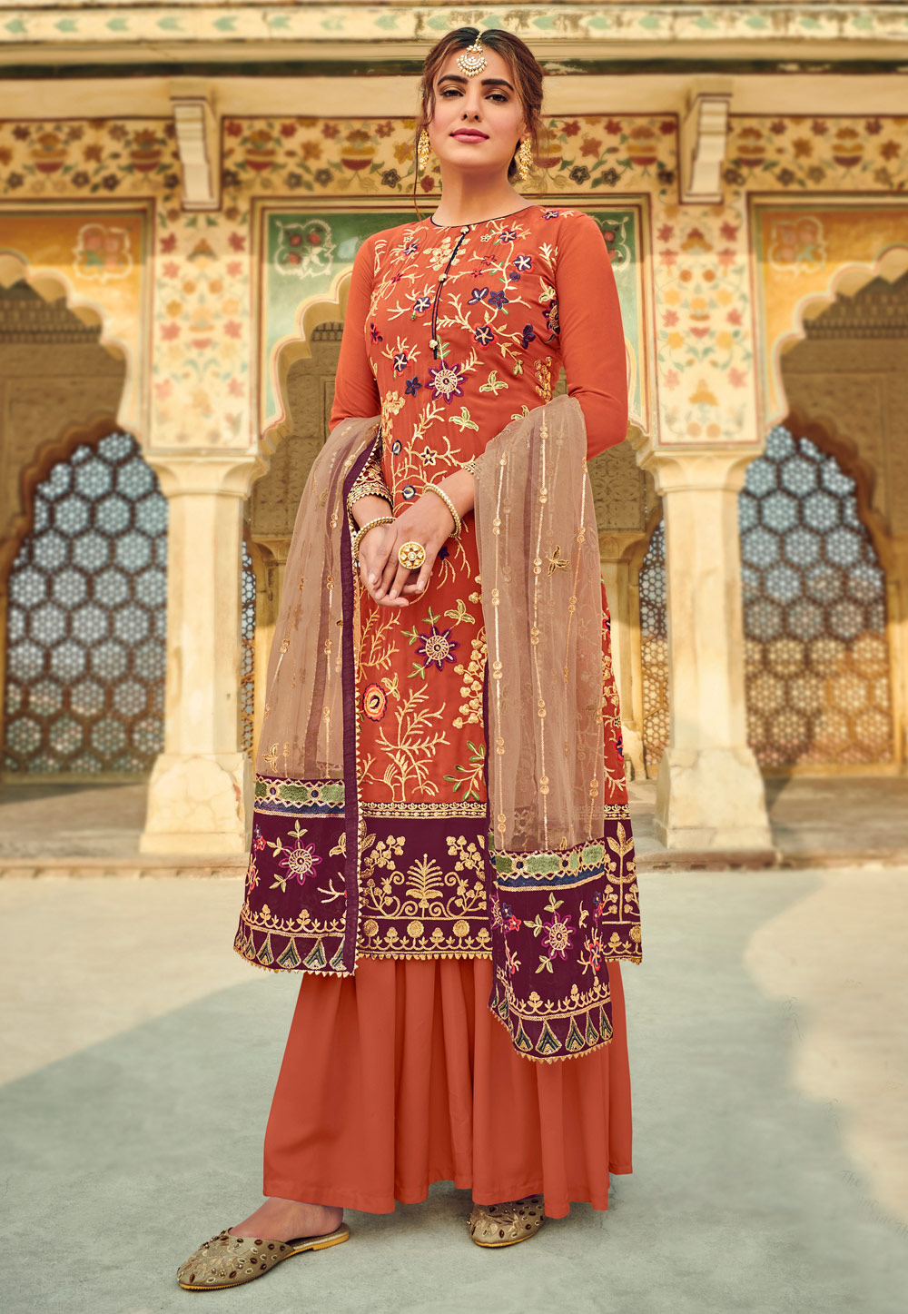 Orange Faux Georgette Embroidered Sharara Suit 216200