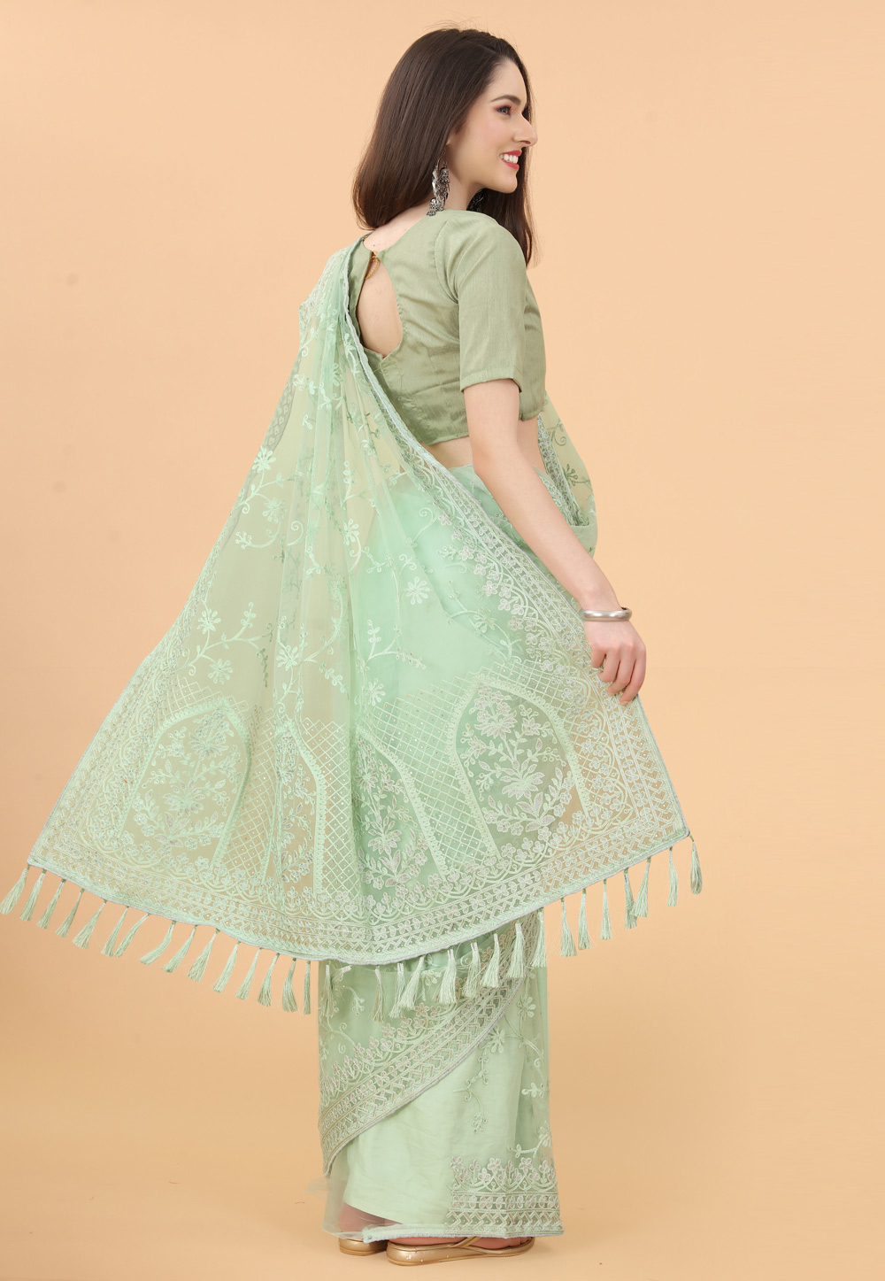 Plus Size Mint Green Net Embroidered Saree