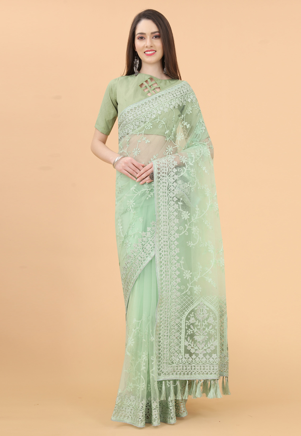 Pista Green Net Saree With Blouse 258342
