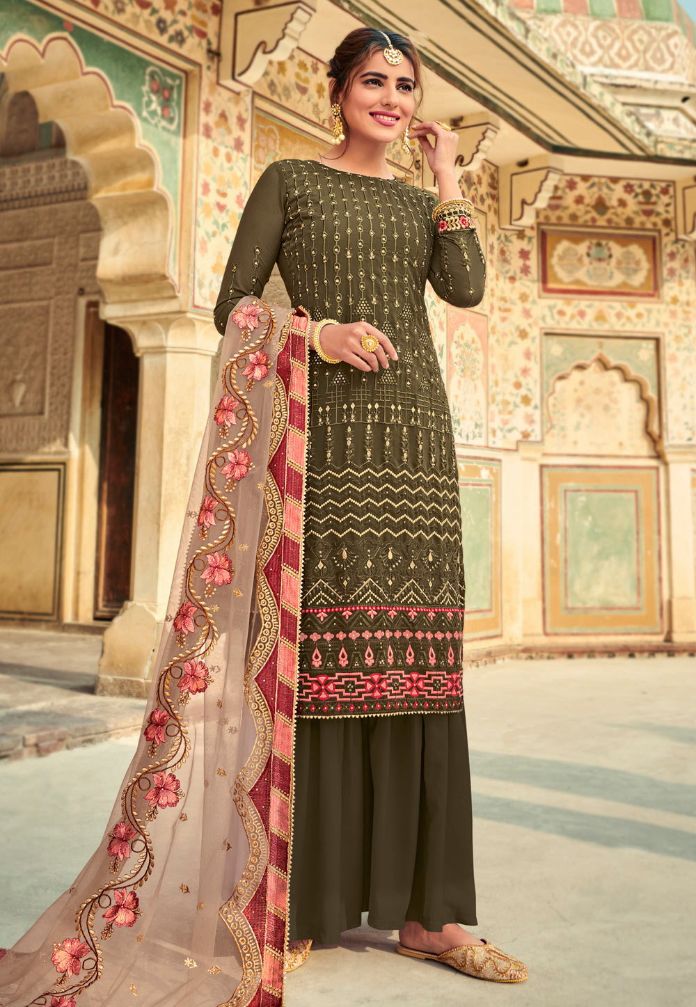 Green Faux Georgette Embroidered Sharara Suit 216201