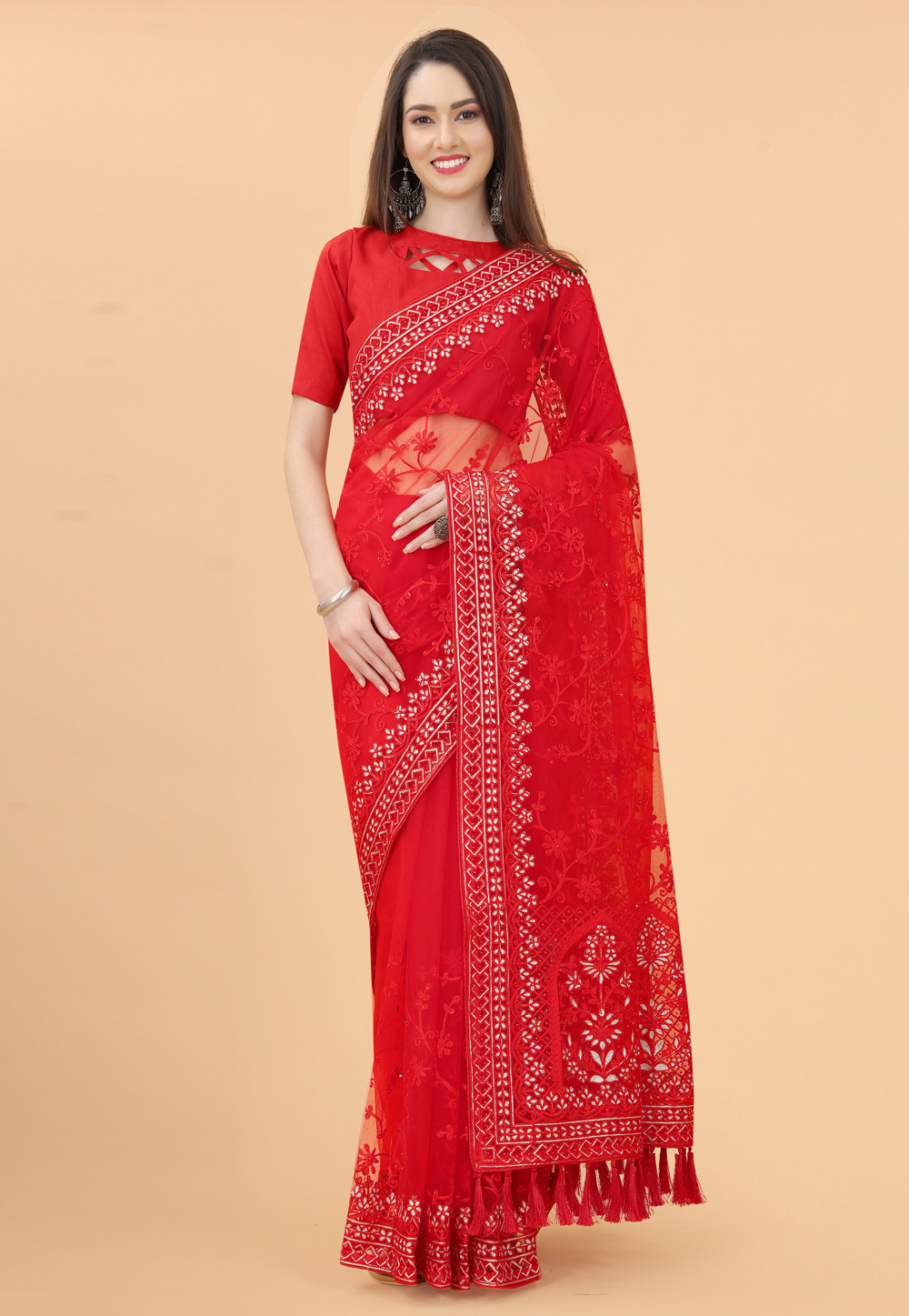 Red Net Saree With Blouse 258343