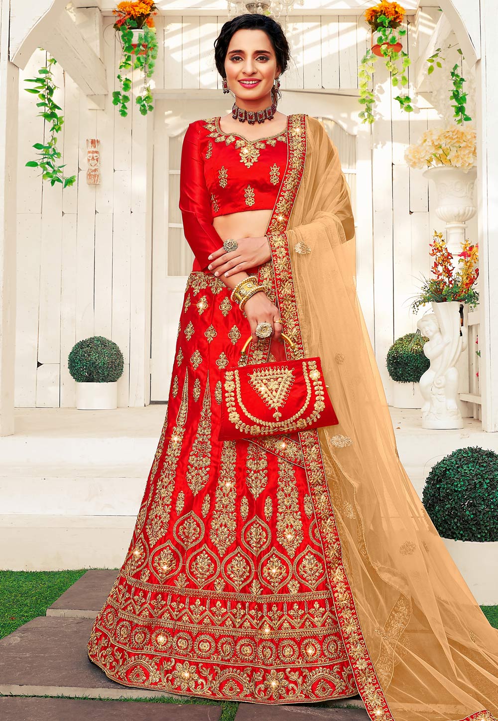 Red Satin Silk Embroidered Bridal Lehenga Choli 228017