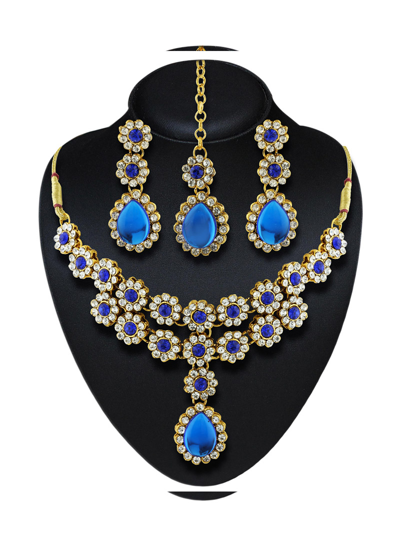 Blue Austrian Diamonds Necklace With Earrings and Maang Tikka 88262