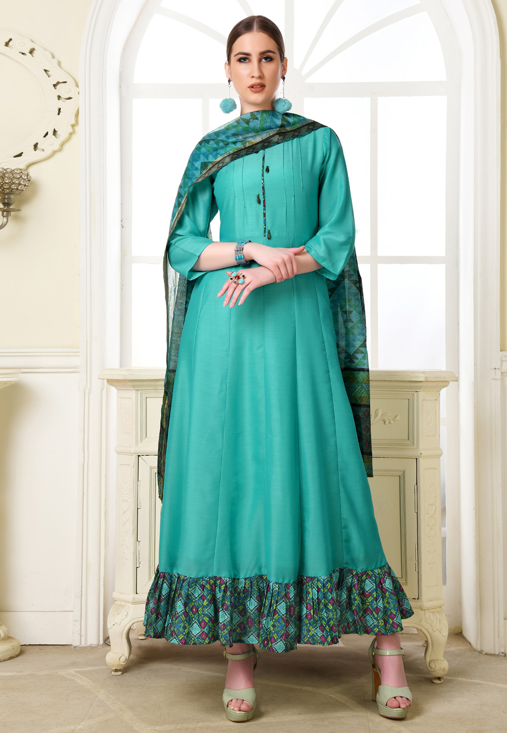 Turquoise Muslin Readymade Gown 209266