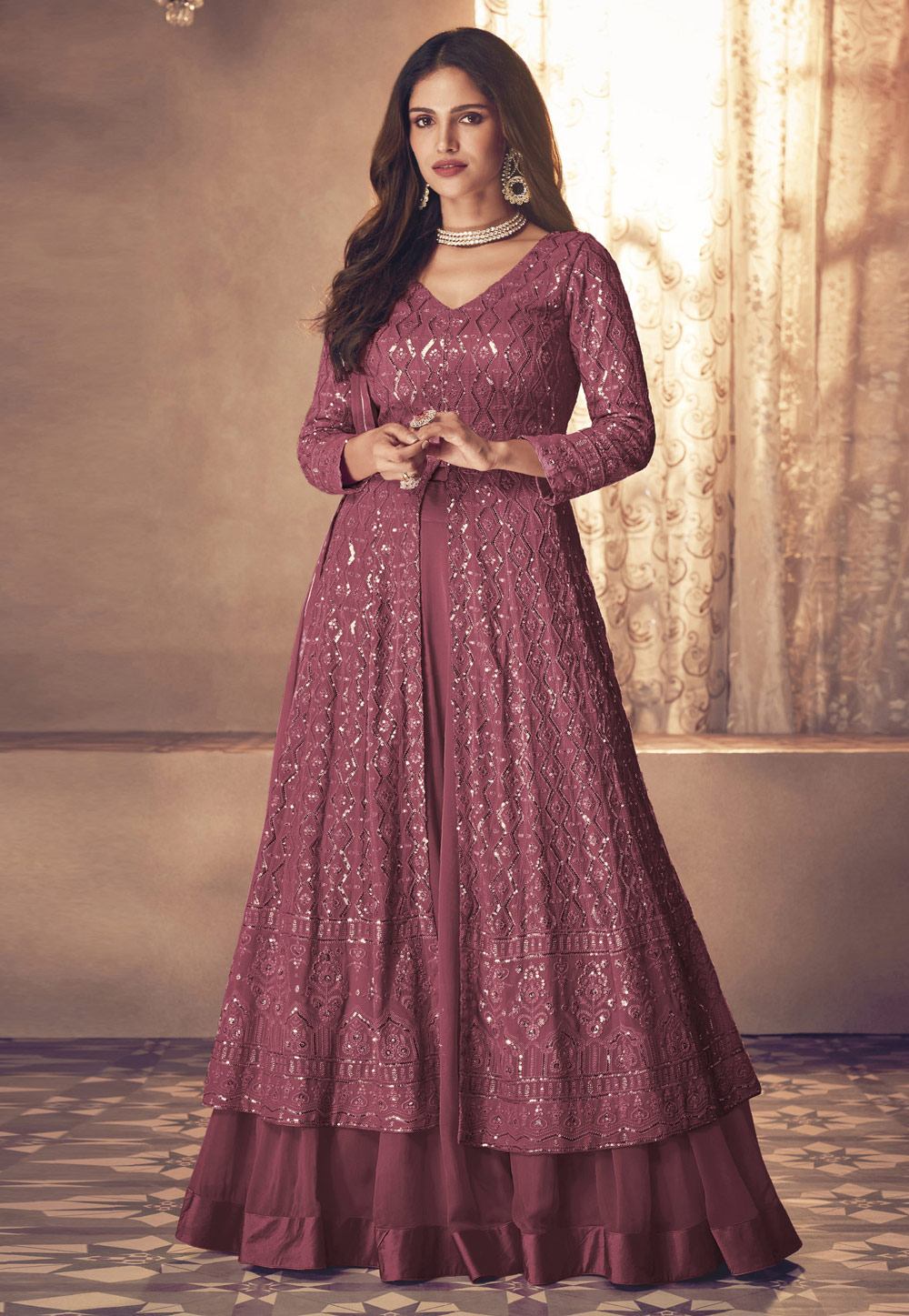 Purple Georgette Indo-Western Lehenga Embellished with Floral Prints and  Sequins, Paired with Overcoat