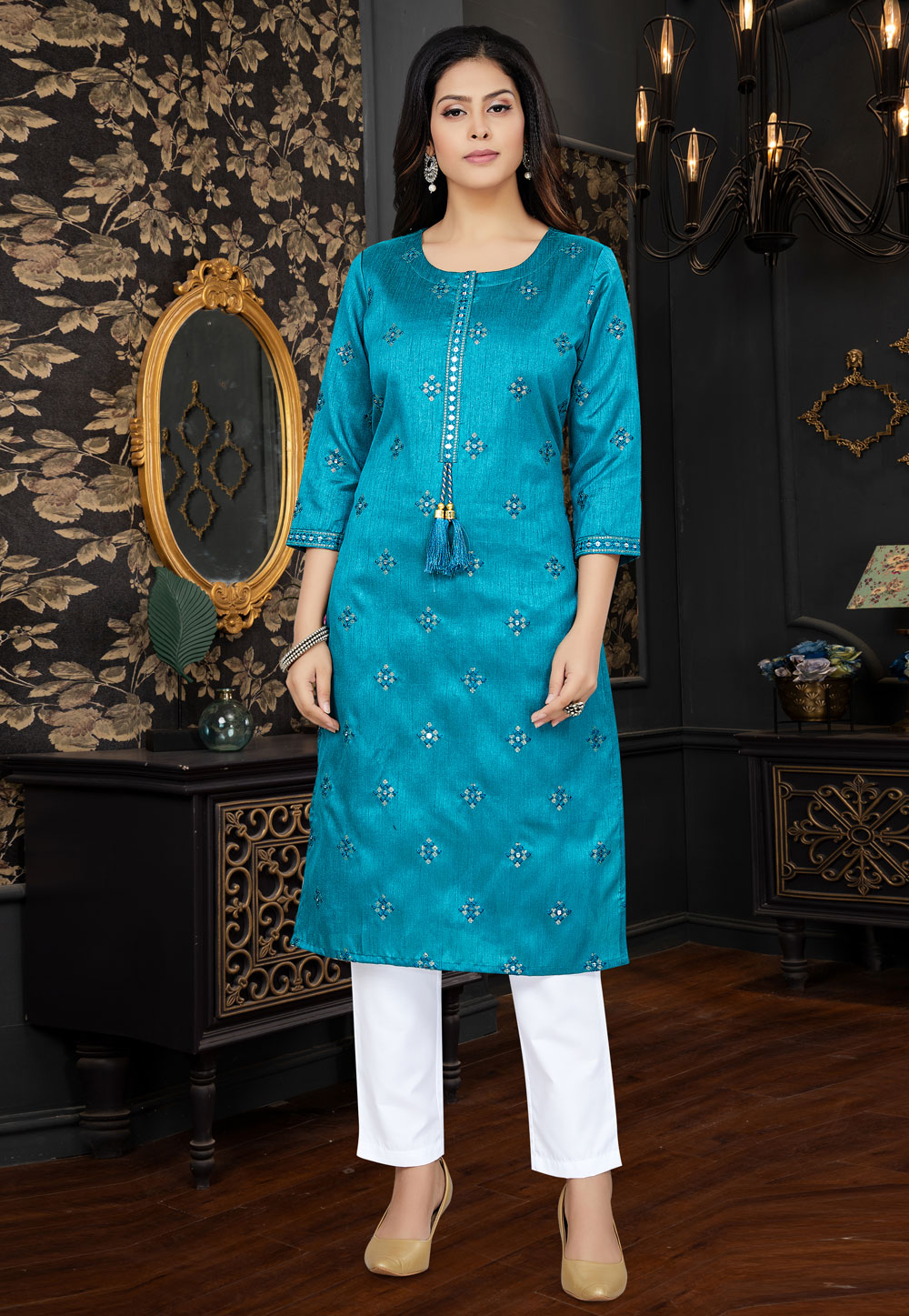 Turquoise Silk Kurta Set With Pent 268838
