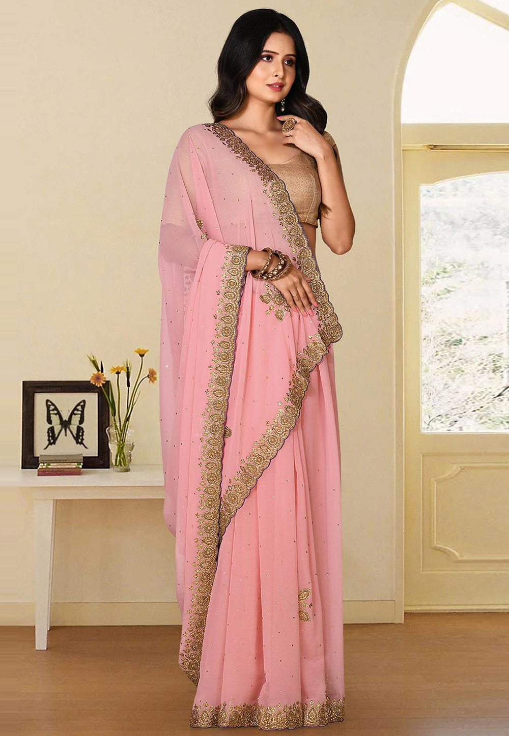 Pink Georgette Saree With Blouse 242913