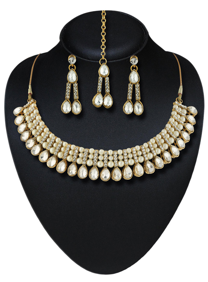 White Pearl Austrian Diamonds Necklace With Earrings and Maang Tikka 88265