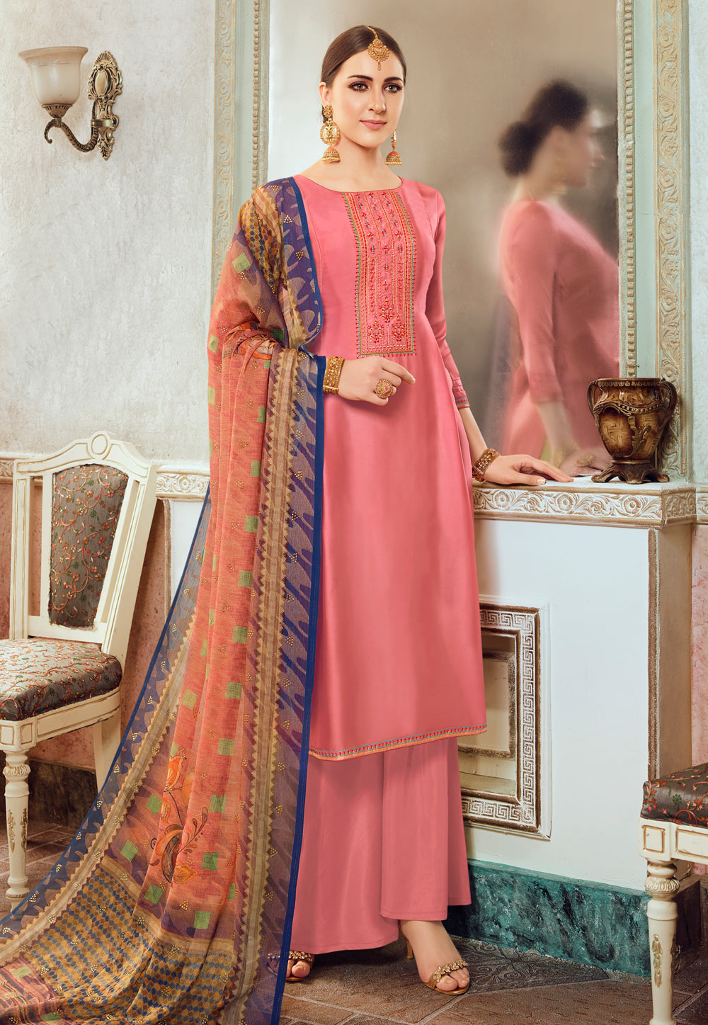 Pink Satin Georgette Palazzo Suit 218944