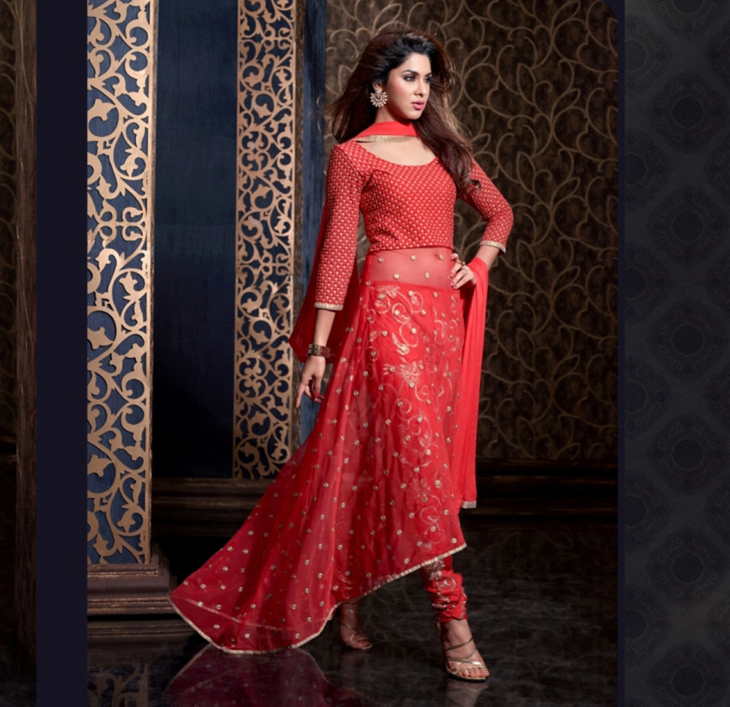 Red Net Indo Western Anarkali Suit 57220