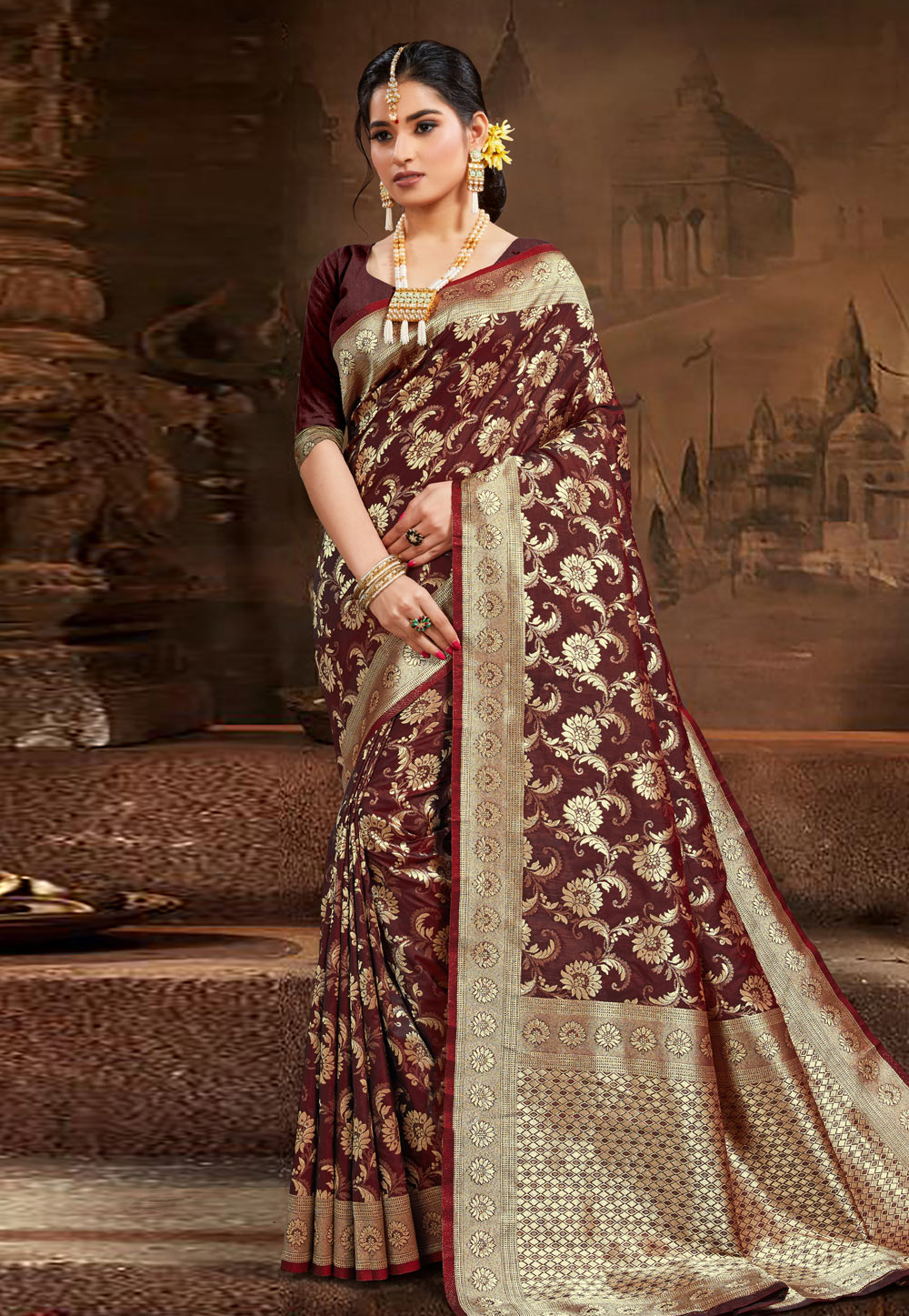 Brown Silk Festival Wear Saree 228515