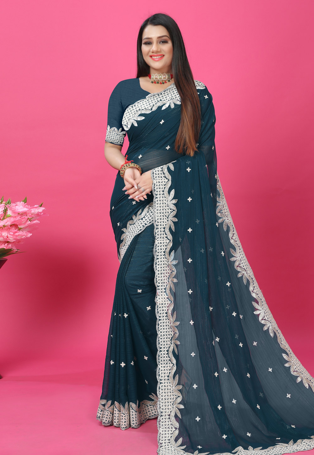 Navy Blue Chiffon Saree With Blouse 272666