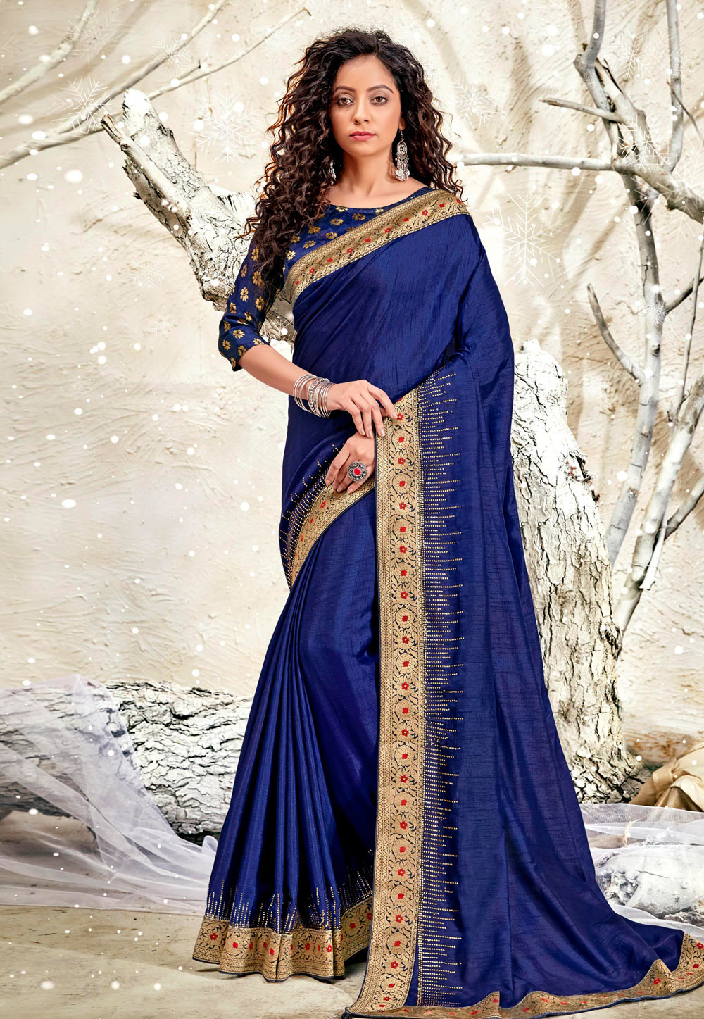 Navy Blue Chanderi Silk Saree With Blouse 228653
