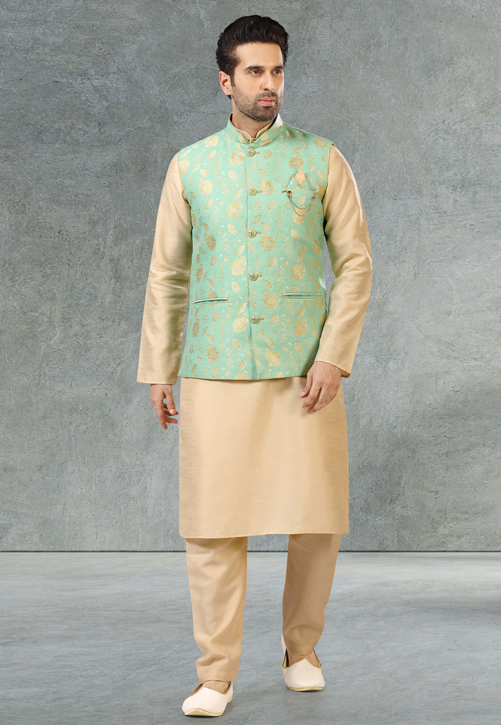 Men's Solid Kurta Pyjama With Pista Green Embroidered Nehru Jacket – Jompers