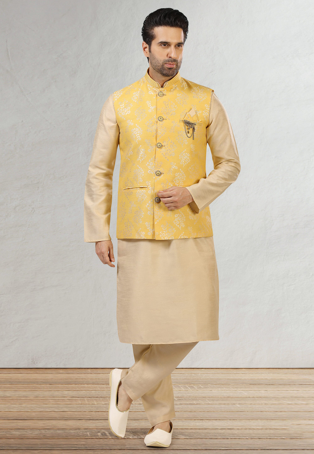 Yellow Jacquard Kurta Pajama With Jacket 236630