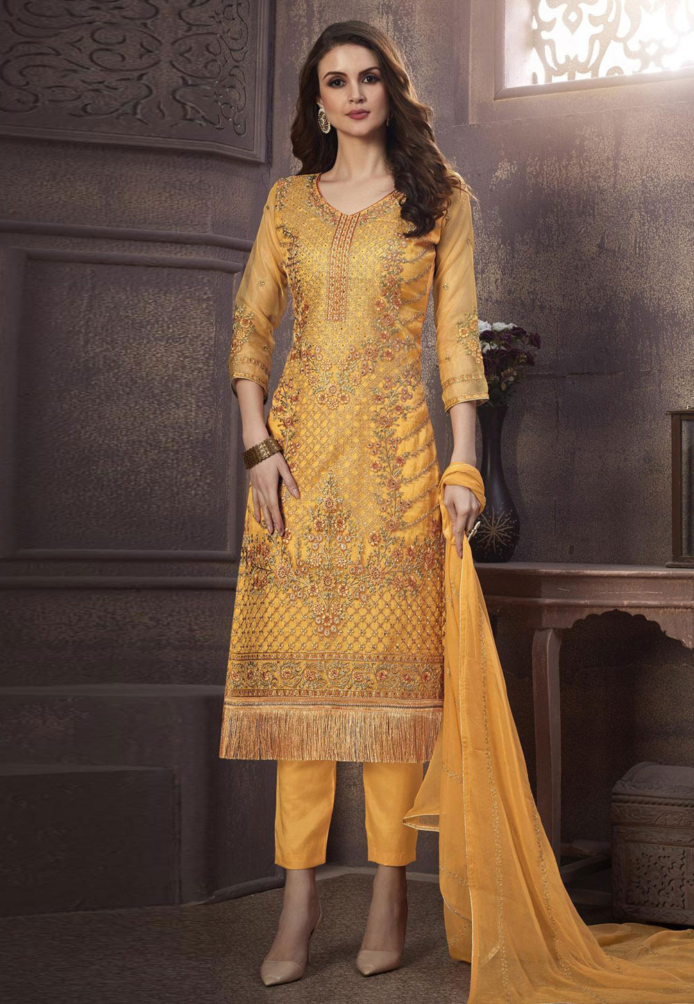 Yellow Organza Pant Style Suit 203062