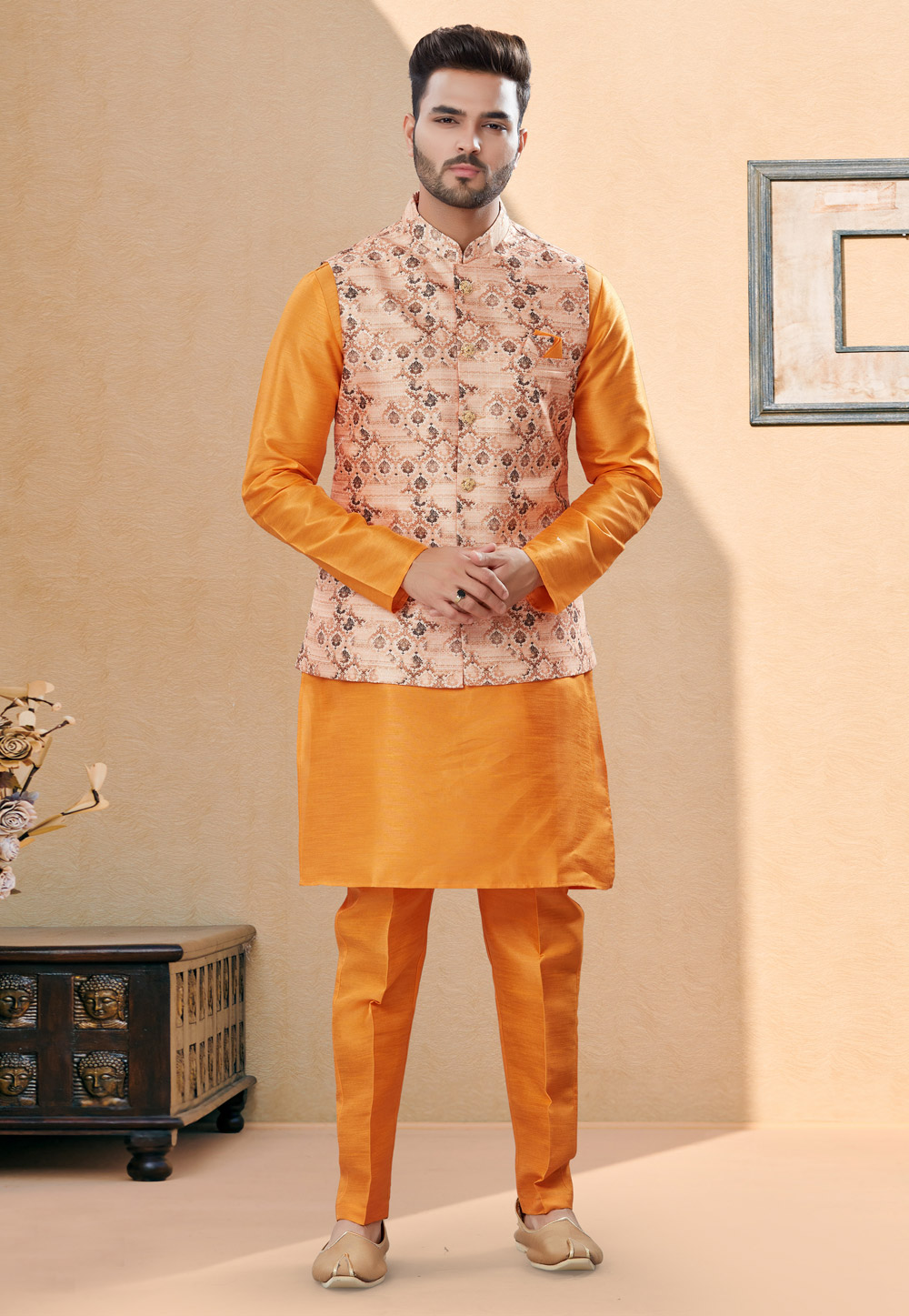 Orange Silk Kurta Pajama With Jacket 251440