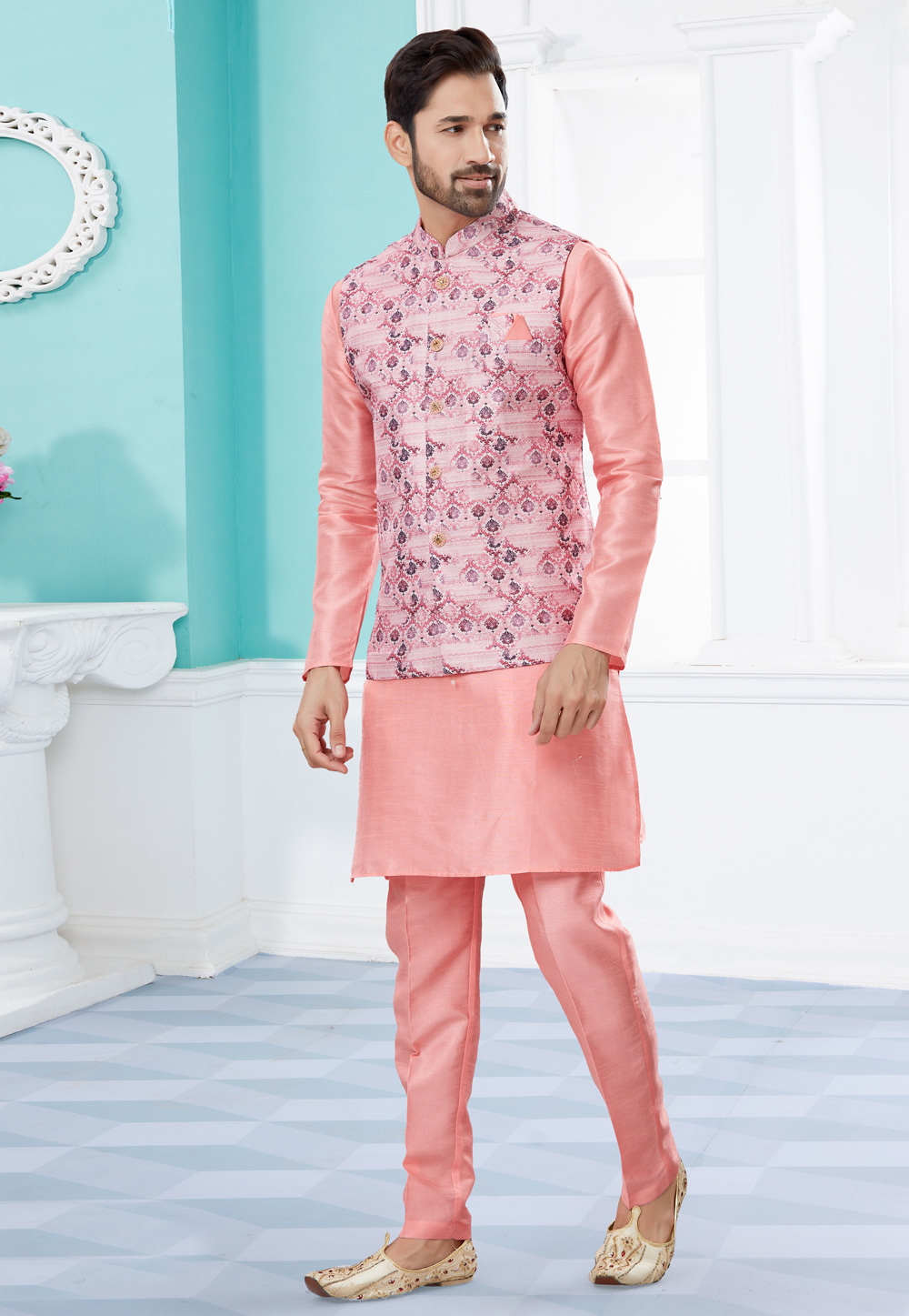 Pink Silk Kurta Pajama With Jacket 251441