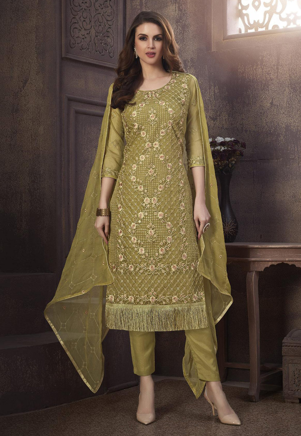 Green Organza Pant Style Suit 203064