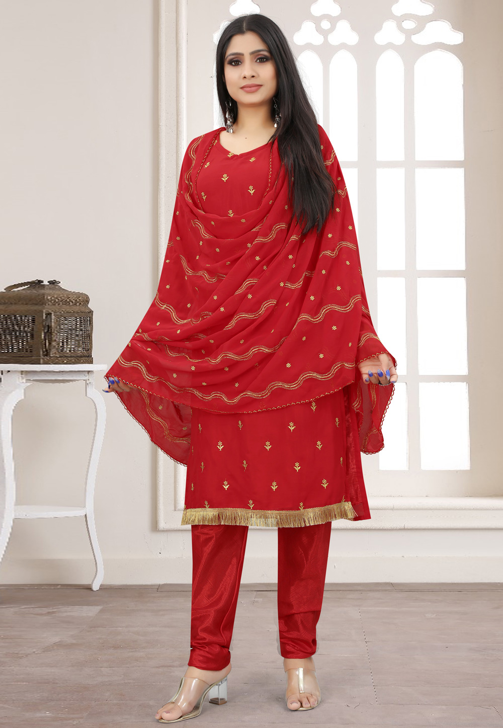 Red Faux Georgette Kameez With Pant 245999