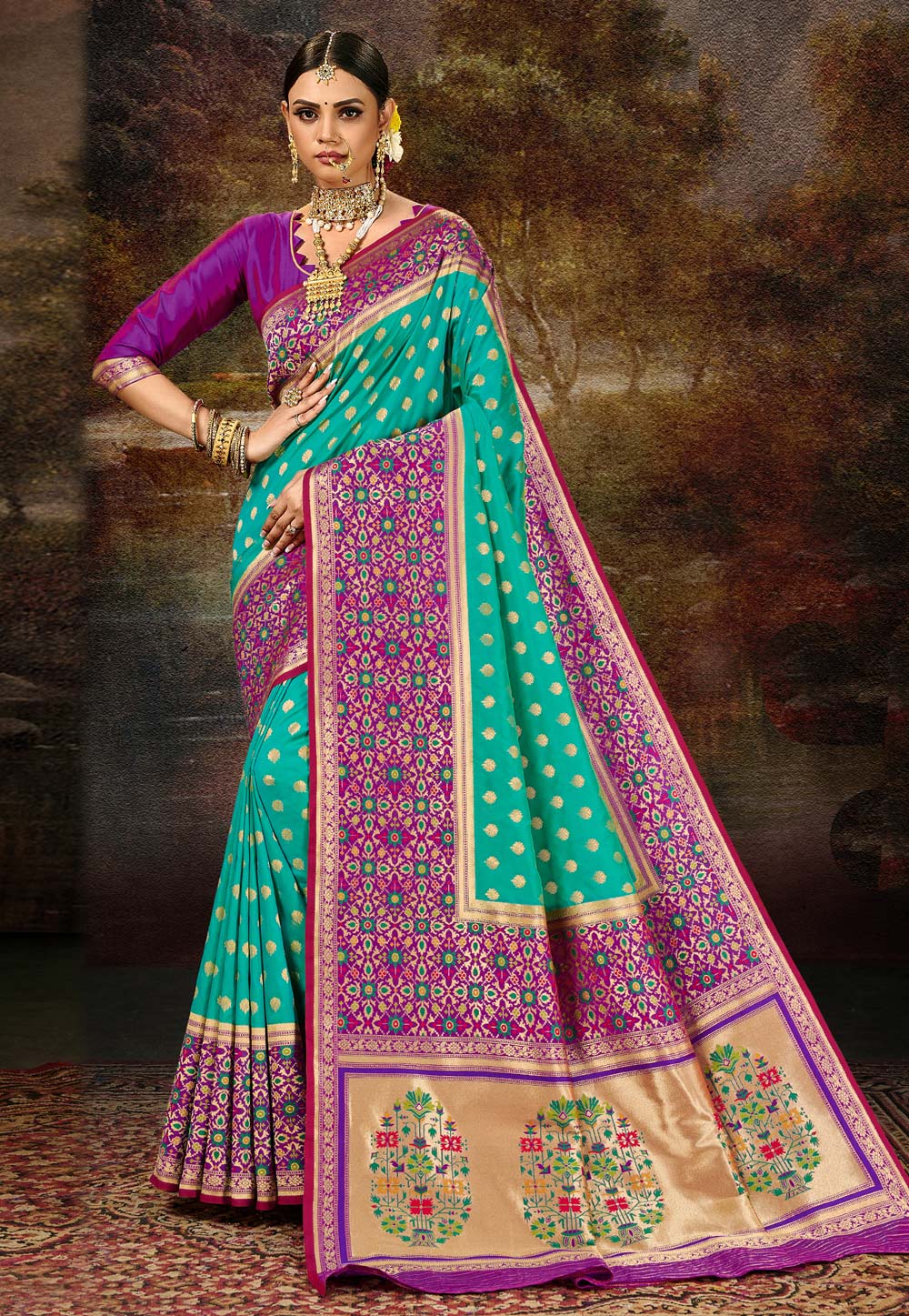 Turquoise Banarasi Silk Saree With Blouse 227610